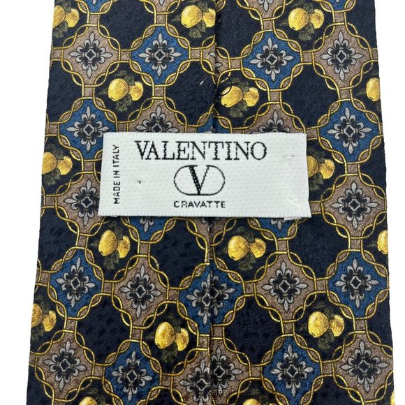 Valentino Cravatte Vintage Men’s Sil Tie Italy Blue Gold Geometric Pattern - Picture 9 of 10